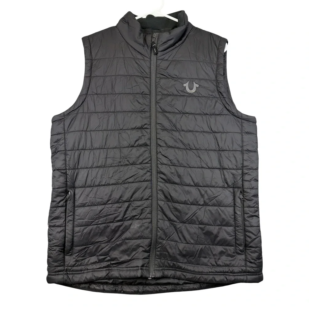 True‎ Religion Vest Mens Small Black Quilted Insulated Full Zip Puffer Logo